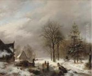 Villagers On The Ice By Farmhouses, A Diligence Approaching