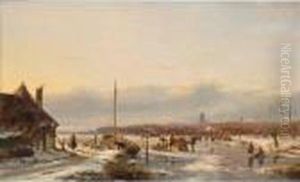 Skaters On The Ice Near Zaltbommel by Andreas Schelfhout