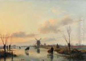 Skaters In A Winter Landscape With Windmills by Andreas Schelfhout