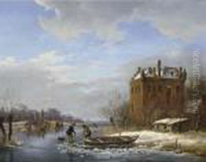 A Winter Landscape With Figures On The Ice, A 'koek En Zopie' In The Distance