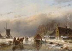 A Frozen Waterway With Figures On The Ice by Andreas Schelfhout