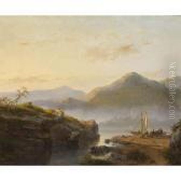 Figures Unloading A Sailing Vessel In A Mountainous Landscape - view 1