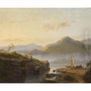 Figures Unloading A Sailing Vessel In A Mountainous Landscape