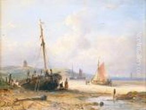 Ship In The Harbor by Andreas Schelfhout