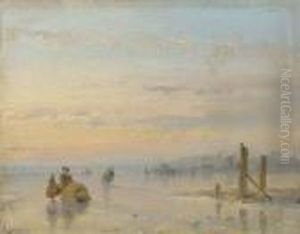 Figures With A Sledge On The Ice by Andreas Schelfhout