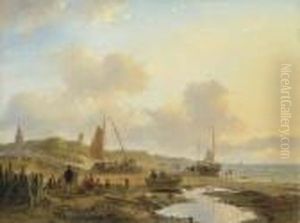 Activities On The Beach Of Scheveningen by Andreas Schelfhout