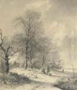 Winter: Sportsmen On The Edge Of A Forest by Andreas Schelfhout