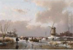 Skaters On A Frozen River Near A 'koek En Zopie'
