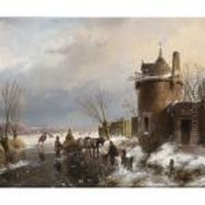 Figures With A Horse Sledge On The Ice, A Town In The Distance by Andreas Schelfhout