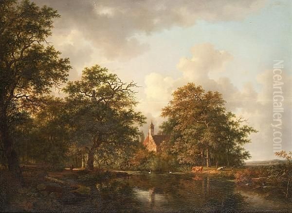 Figures And Cattle Beside A Lake In A Wooded Landscape - view 1