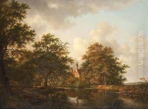 Figures And Cattle Beside A Lake In A Wooded Landscape