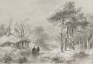 A Wooded Winter Landscape With Figures By A Cottage by Andreas Schelfhout