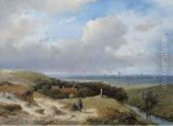 A Panoramic Summer Landscape With Travellers Resting In The Dunes - view 1