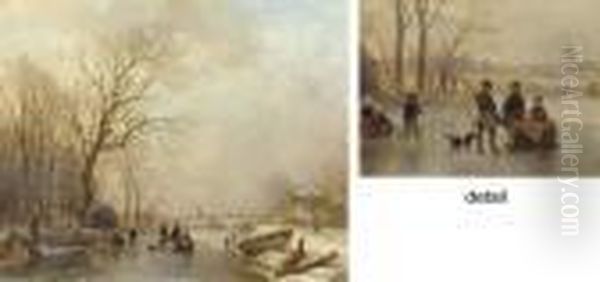 An Extensive Sunlit Winter
Landscape With A Huntsman Conversing With Villagers On The Ice - view 1