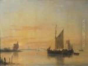 A Calm: Sailing Vessels At Anchor On The Merwede River With Dordrecht Beyond by Andreas Schelfhout