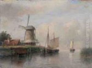 Dutch Boats Moored On A River Beside A Windmill by Andreas Schelfhout