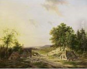 A Shepherd And His Flock In An Extensive River Landscape by Andreas Schelfhout