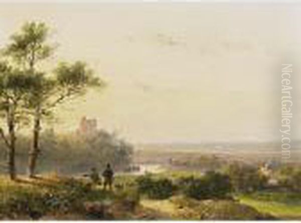 A Panoramic River Landscape In Summer With Travellers At Rest - view 1