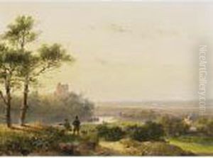 A Panoramic River Landscape In Summer With Travellers At Rest by Andreas Schelfhout