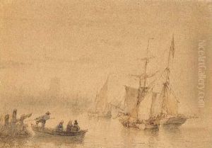 Marina Con Traghetto E Velieri by Andreas Schelfhout