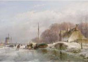 A Winter Landscape With Skaters And A "koek En Zopie" On A Frozen River