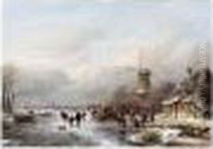 A Winter Landscape With Skaters Near A 'koek En Zopie' by Andreas Schelfhout