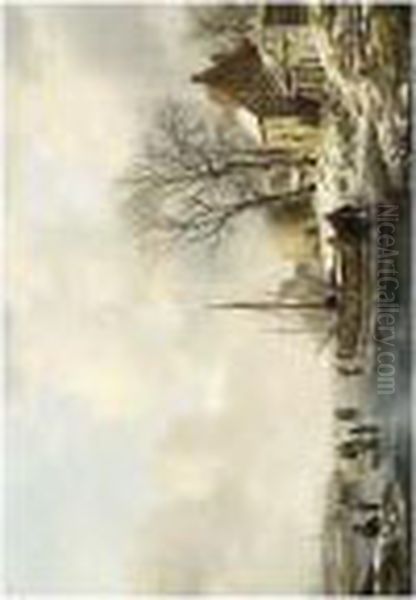 A Winter Landscape With Figures By A Boat On A Frozen Waterway - view 1