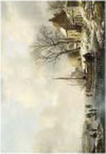 A Winter Landscape With Figures By A Boat On A Frozen Waterway by Andreas Schelfhout