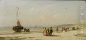 Elegant Company On The Beach Of Scheveningen by Andreas Schelfhout