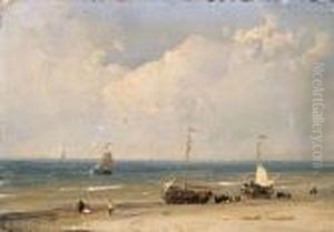 Bomschuiten On The Beach by Andreas Schelfhout