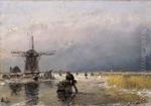 Skaters On A Frozen Waterway By A Windmill by Andreas Schelfhout