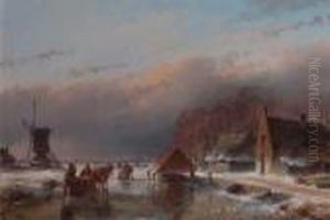A Winter Landscape With Skaters On A Frozen Waterway By A Windmill by Andreas Schelfhout