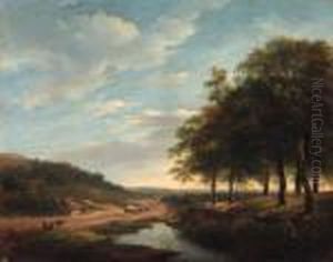An Extensive Summer Landscape With Travellers And A Hay-wagon On A Sandy Track