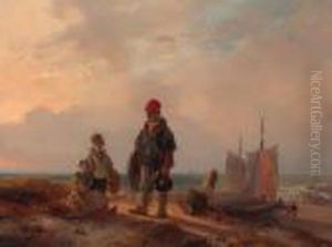 Fisherfolk Conversing In The Dunes by Andreas Schelfhout