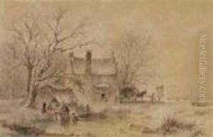 A Winter Landscape With Figures By A Frozen Pond, A Village In Thedistance by Andreas Schelfhout