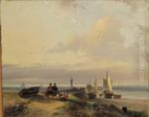 A Beach Scene With Fisherfolk Chatting In The Dunes - view 1