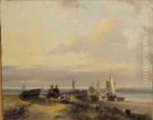 A Beach Scene With Fisherfolk Chatting In The Dunes by Andreas Schelfhout
