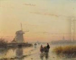 A River Landscape In Winter At Dusk by Andreas Schelfhout