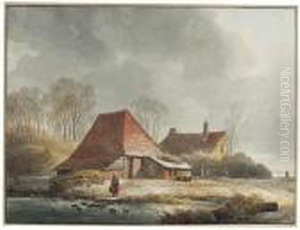 A Farm With A Woman By A Frozen Pond In Winter - view 1