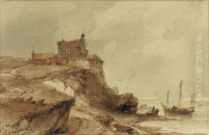A Village With A Church On A Rocky Coast, Fishermen On The Beachnearby by Andreas Schelfhout