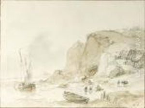 Fishermen Unloading Their Merchandise On A Rocky Coast by Andreas Schelfhout