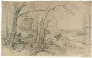 A Wooded River Landscape With Travellers Near A Ruin by Andreas Schelfhout