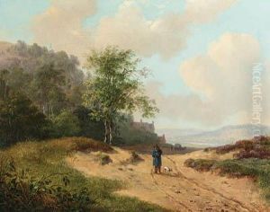 A Summer Landscape With A Traveller And Dog On A Sandy Track