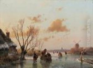 Skaters And A Horse-drawn Sledge On A Frozen Waterway At Dusk