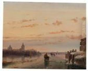 Skaters On A Frozen Waterway By A Town