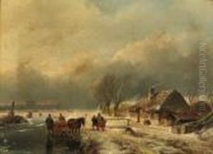 A Winter Landscape With A Horse-drawn Sledge On A Frozenwaterway