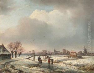 A Winter Landscape With Peasants Skating By A Wooden Bridge by Andreas Schelfhout