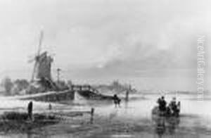 A Winter Landscape With Figures On The Ice Near A Mill by Andreas Schelfhout
