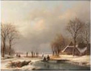 A Winter Landscape With
Sportsmen Conversing On The Ice, A Peasantcouple On A Path And Farms
Beyond by Andreas Schelfhout