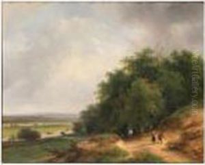 An Extensive Wooded Summer
Landscape With A Man On A Horseback Andtravellers On A Sloping Sandy
Track by Andreas Schelfhout